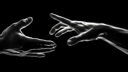 Two hands reaching toward tenderness tendet touch hands in black background romantic touch with fing, generative ai