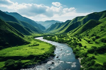Beautiful landscape with a mountain river among the green slopes of the mountains, travel and tourism concept
 - obrazy, fototapety, plakaty
