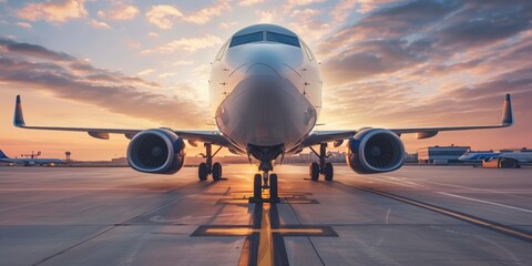 Commercial airplane on runway during a vibrant sunset - obrazy, fototapety, plakaty