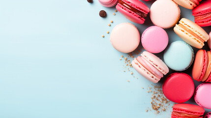 Banner with multi-colored sweets on a blue background with free space Ideas for placing products against beautiful backgrounds