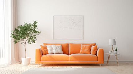 Elegant Living Room with Bright Orange Sofa and Minimalistic Decor