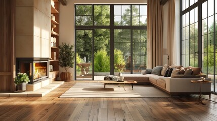 Beautiful modern minimalist living room interior with wooden floors and large floor-to-ceiling windows
