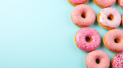 Banner with multicolored donuts on blue background. with free space Ideas for placing products against beautiful backgrounds