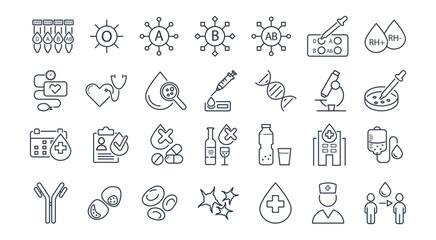 Blood donate line icons set. Rhesus factor, antigen, red, white blood cells, microscope, blood pressure monitor, donor, medical, heart,care, health vector illustration Editable Strokes.
