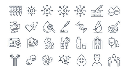 Blood donate line icons set. Rhesus factor, antigen, red, white blood cells, microscope, blood pressure monitor, donor, medical, heart,care, health vector illustration Editable Strokes.