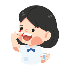 Kid girl taking medicine  with a glass