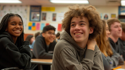 Fototapeta premium Happy Teenage Students Engaging Actively in Classroom Learning Activities at High School