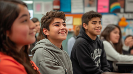 Happy Teenage Students Engaging Actively in Classroom Learning Activities at High School