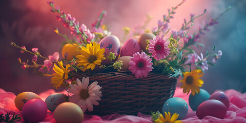 Fototapeta na wymiar A picture of spring for Easter spring flowers and Easter eggs the beauty of nature .