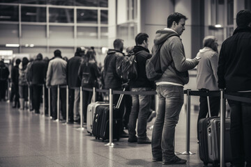 Crowded airport scene with long queues at boarding gates and passengers waiting with luggage....