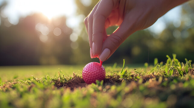 Hand holding golf ball on green grass with golf ball , generative ai
