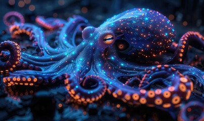 A cybernetic octopus, its tentacles interfaced with blockchain nodes, stealthily navigating a digital ocean as an assassin of data breaches - obrazy, fototapety, plakaty
