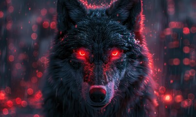 A steel-bodied, multi-headed wolf, eyes glowing with neon, guarding a digital blockchain core in a high-tech lair