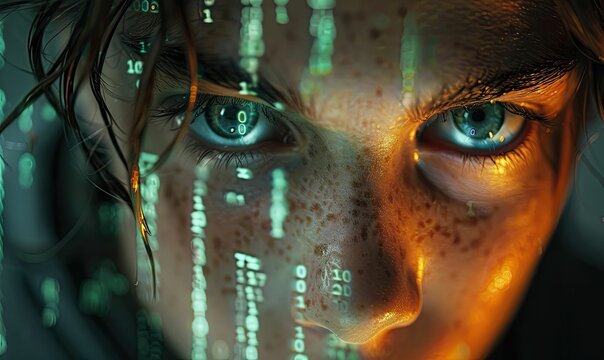 A shadowy hacker, face illuminated only by the glow of a screen, code reflecting in their eyes, the embodiment of cyber intrigue