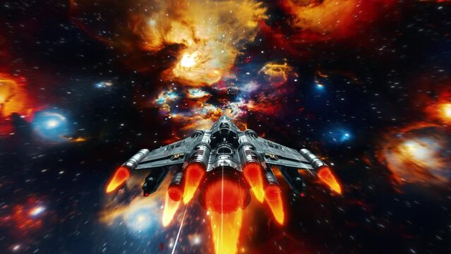 A space traveler in a spaceship rushes at full speed through the nebulae of the universe