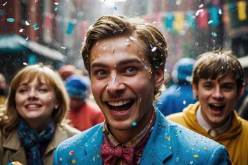 a man in a blue jacket and bow tie is surrounded by confetti, full color celebrating April Fool day. 