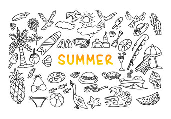 Hand drawn summer beach element. Set collection icon doodle vector illustrations.