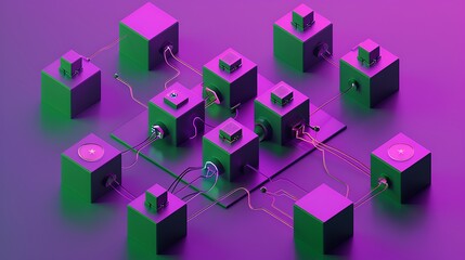 close-up black processor cube MediaTek in purple neon power lines, power, energy, contrast colors. Generative Ai