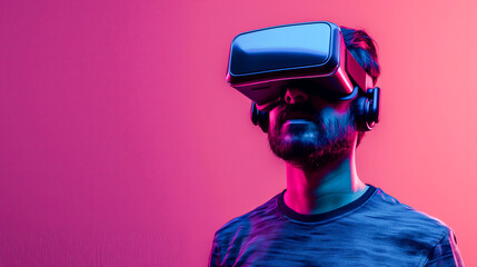A man wearing  VR headset on gradient pink background  with copy space area for text and an advertising banner, concept of virtual reality and future technology