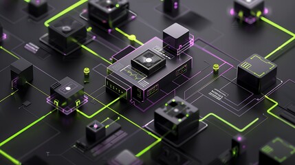 close-up black processor cube MediaTek in purple neon power lines, power, energy, contrast colors. Generative Ai