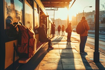 People waiting for bus at the bus stop. Travel, transportation, public transport, Generative AI