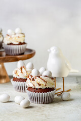 Chocolate cupcakes with cream cheese nest, egg shaped sweet candies and grated chocolate.  Bird...