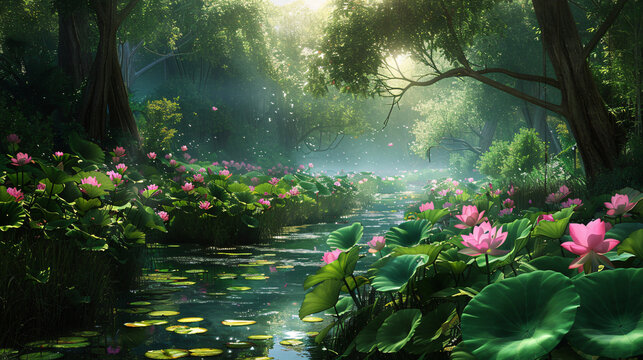 Pictures of lotus flowers and trees.