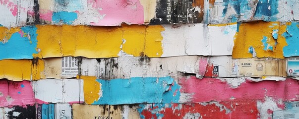 Old wrinkled grunge ripped torn placard posters background. White, pink, blue, yellow colors weathered advertising poster pieces on wall, Generative AI