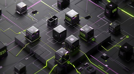 close-up black processor cube MediaTek in purple neon power lines, power, energy, contrast colors. Generative Ai