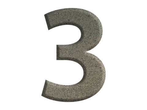 The shape of the number 3 is made of cement isolated on transparent background. Suitable for birthday, anniversary and Memorial Day templates