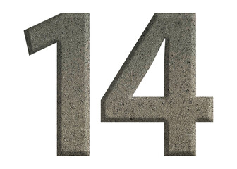 The shape of the number 14 is made of cement isolated on transparent background. Suitable for birthday, anniversary and Memorial Day templates
