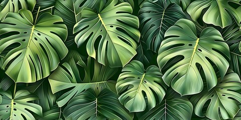 Tropical jungle theme with monstera leaves ideal for trendy summer designs seamless background. Concept Nature-inspired, Monstera Leaves, Tropical Jungle, Summer Designs, Seamless Background