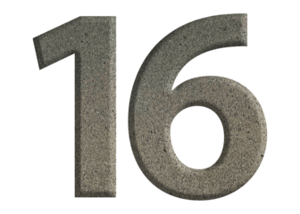 The shape of the number 16 is made of cement isolated on transparent background. Suitable for birthday, anniversary and Memorial Day templates