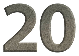 The shape of the number 20 is made of cement isolated on transparent background. Suitable for birthday, anniversary and Memorial Day templates