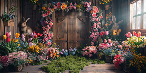 Fototapeta na wymiar Easter Bunny's House with Colorful Eggs in Nature - Happy Easter