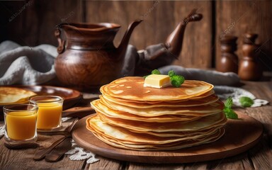 Fototapeta na wymiar A large stack of Russian pancakes with jam or caramel. A traditional dish of Russian cuisine.
