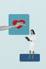 3d creative artwork template collage of cure heart female doctor illness prevention wellbeing healthy concept weird freak bizarre unusual