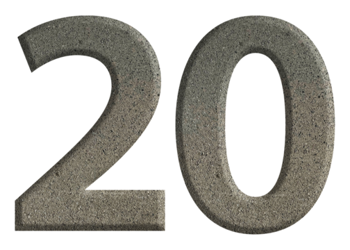 The shape of the number 20 is made of cement isolated on transparent background. Suitable for birthday, anniversary and Memorial Day templates