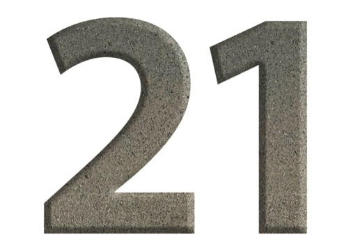 The shape of the number 21 is made of cement isolated on transparent background. Suitable for birthday, anniversary and Memorial Day templates - Powered by Adobe