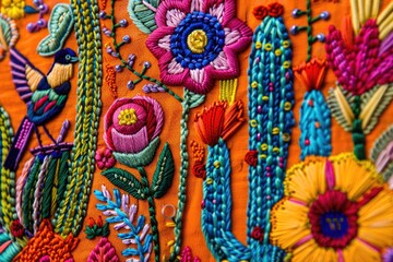 Mexican embroidery with cacti, flowers, birds, beads
