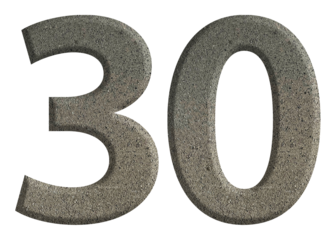 The shape of the number 30 is made of cement isolated on transparent background. Suitable for birthday, anniversary and Memorial Day templates