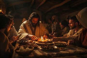 Historical Reenactment of a Biblical Scene with Figures Gathered Around a Meal in Traditional Attire. Concept of Easter and resurrection, cleansing from sins, 