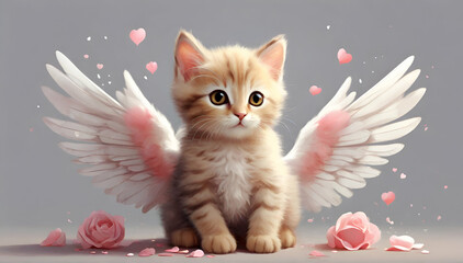 Cute cat with angel wings kitten cupid isolated on whiite background.Generative ai