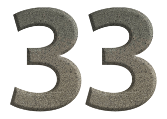 The shape of the number 33 is made of cement isolated on transparent background. Suitable for birthday, anniversary and Memorial Day templates