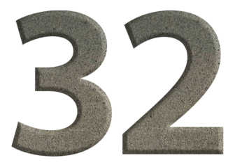 The shape of the number 32 is made of cement isolated on transparent background. Suitable for birthday, anniversary and Memorial Day templates