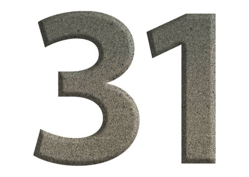 The shape of the number 31 is made of cement isolated on transparent background. Suitable for birthday, anniversary and Memorial Day templates