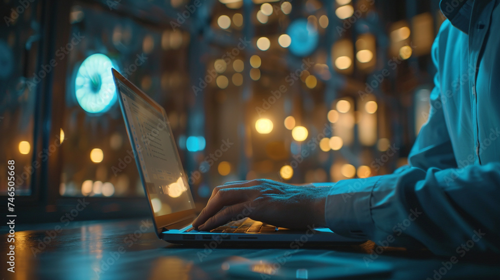 Poster an over-the-shoulder view of a professional typing on a laptop with a clock showing late hours in th