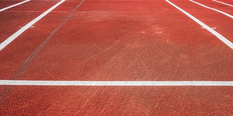 Colorful sports court background. Top view to red field rubber ground with white lines outdoors,...