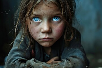 Portrait of poor, hungry neglected, dirty girl with blue eyes. Poverty, misery, migrants, homeless people, war, Generative AI