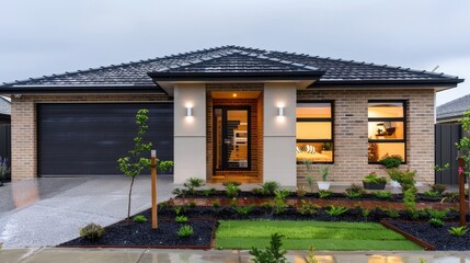 A single-family house in Australia, rain, the house should be small and affordable for a medium to low income family, the style should be modern and clean - obrazy, fototapety, plakaty